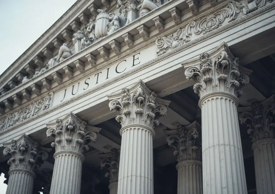 Courthouse facade bearing the word Justice